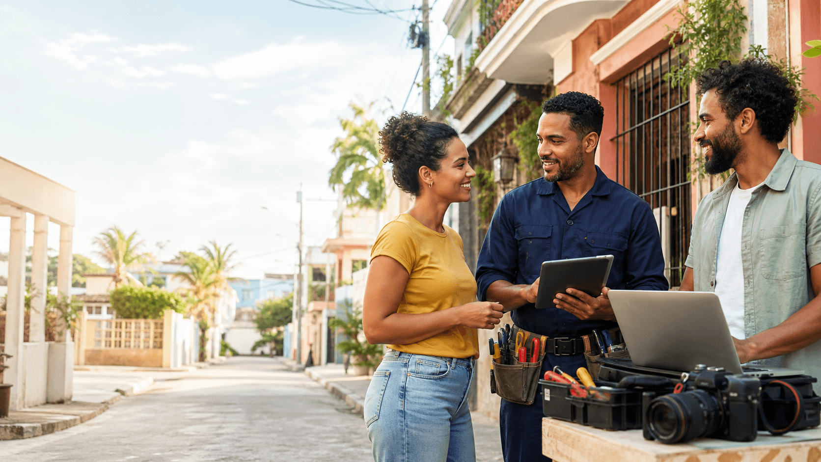 Personas coordinando servicios locales en una comunidad dominicana